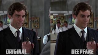 Timothy Dalton's original and Henry Cavill's deepfake, side by side in The Living Daylights.