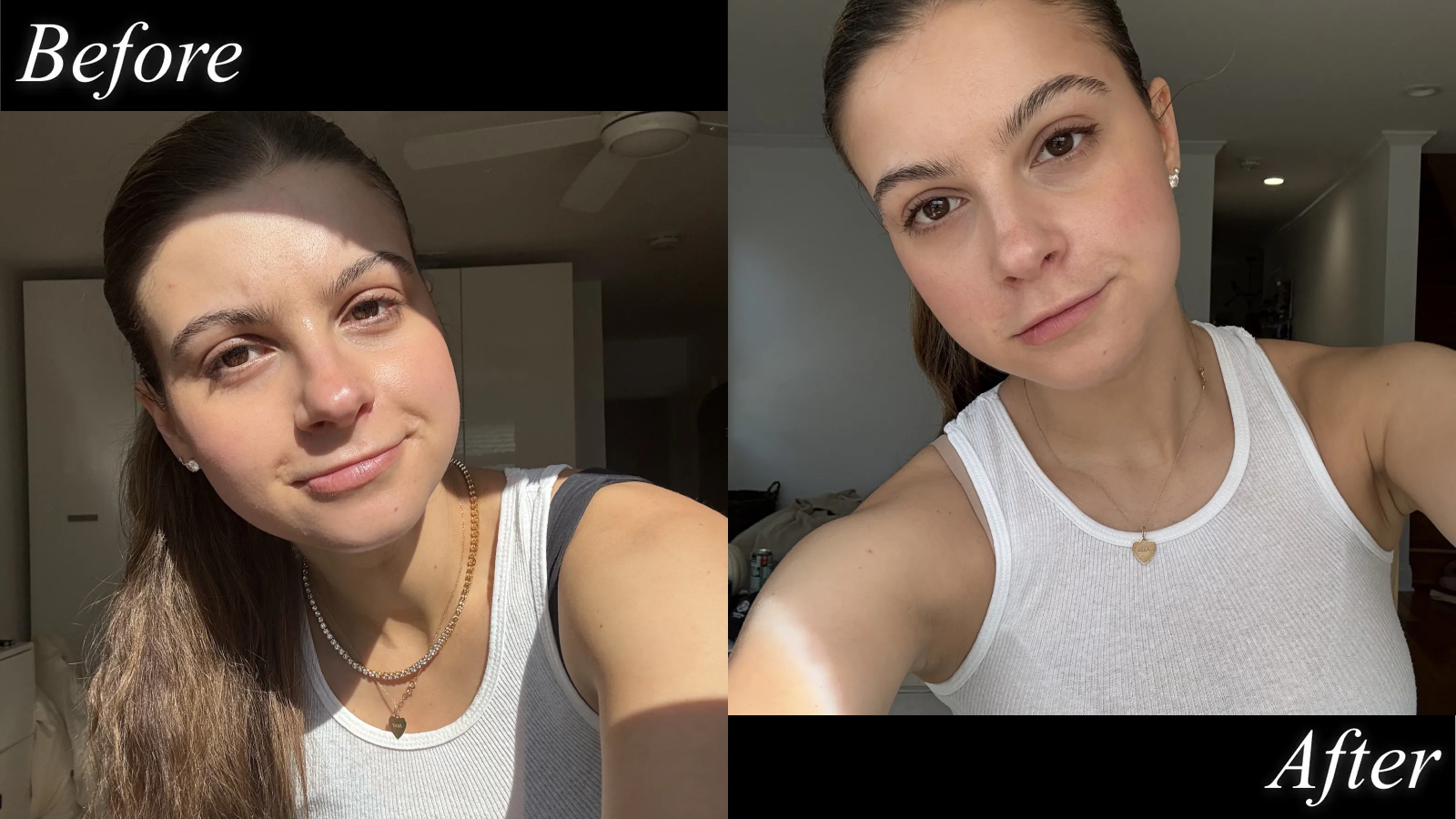 A girl with long brown hair up in a ponytail, a white tank top, and a girl with a white tank top and hair pulled in a ponytail