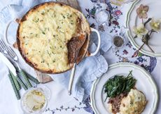 Cottage pie on printed tablecloth