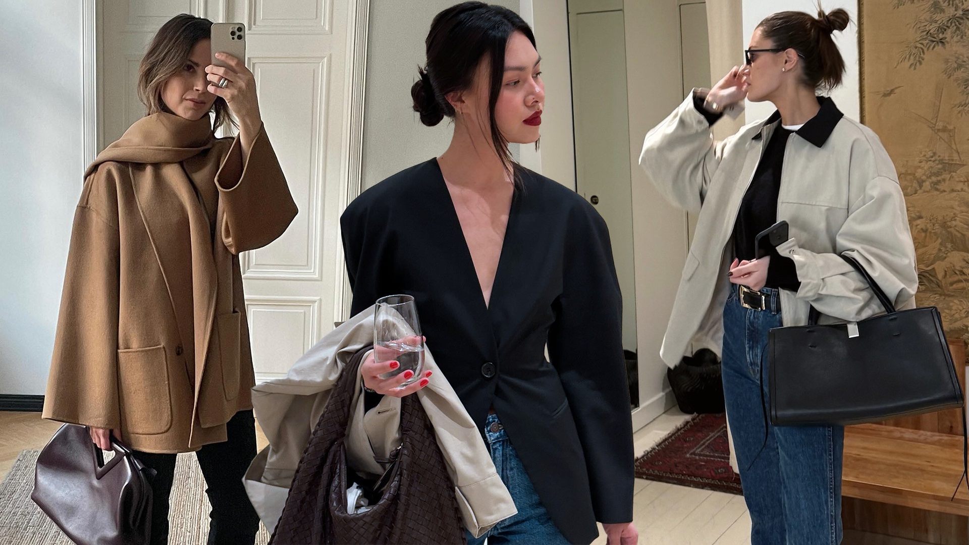 fashion collage featuring three style influencers including Johanna Piispa, Mimi Nguyen, and Coco Schiffer wearing elevated outfits for 2026 with polished pieces like a camel scarf coat, a waisted blazer, and a barn coat with jeans