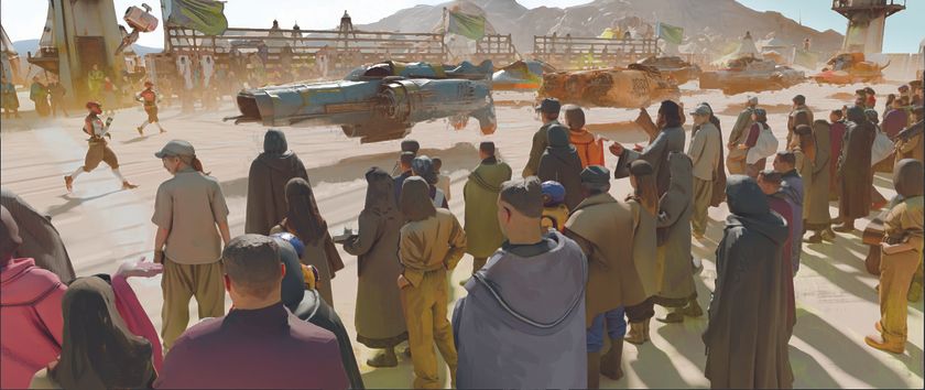 Painterly digital art created using Blender and Photoshop showing a crowd at the side of a racetrack in a science fiction world