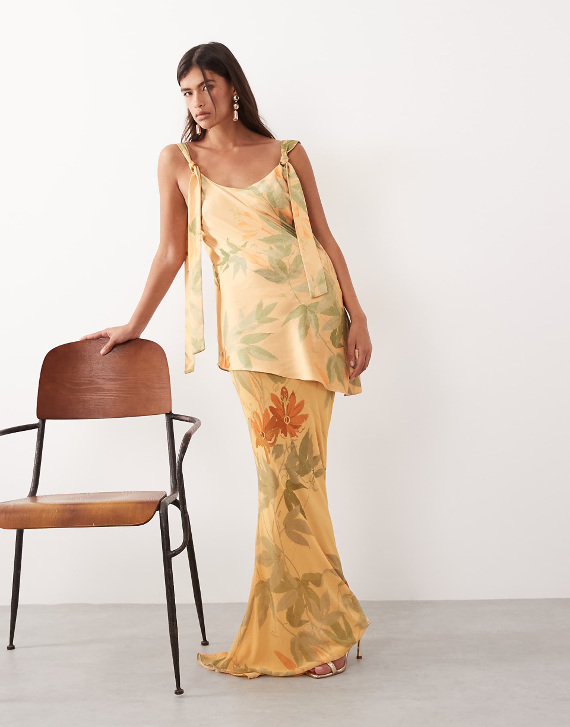 Arrange Tie Shoulder Satin Maxi Dress in Floral Print