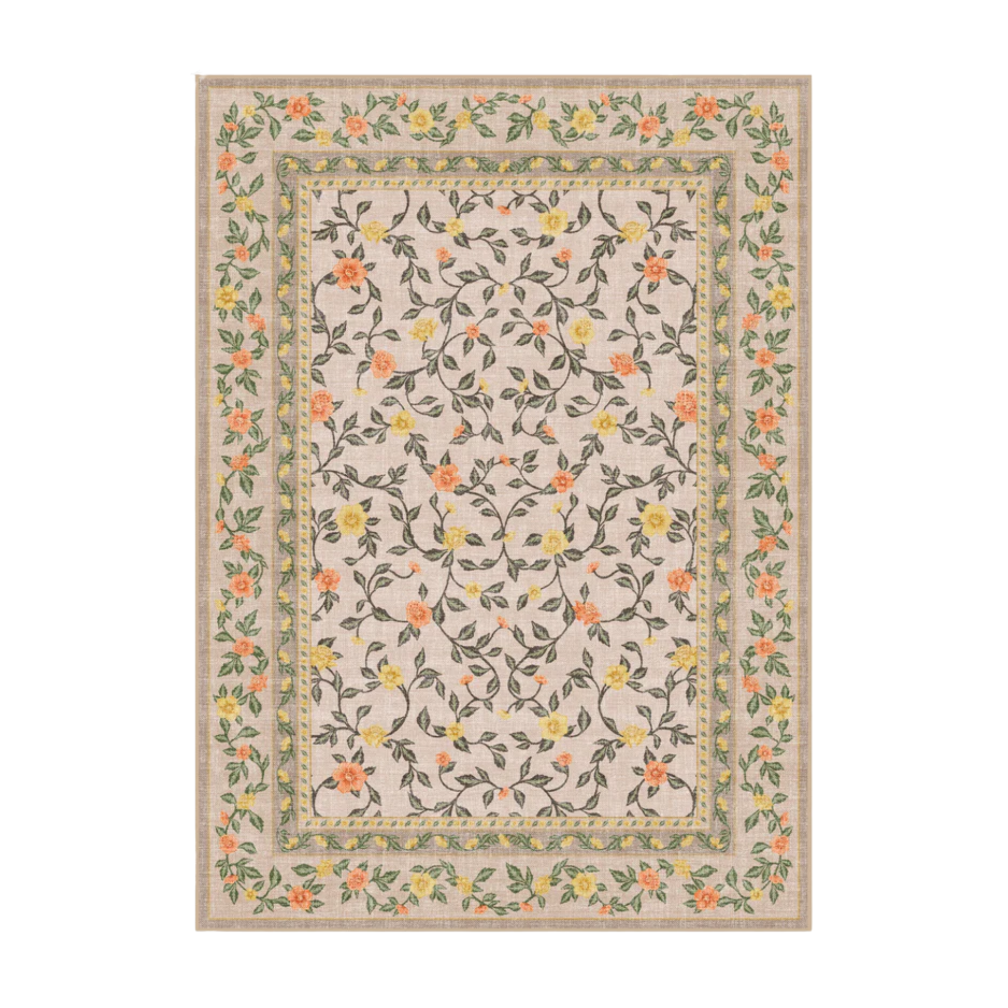 an outdoor rug with climbing floral designs