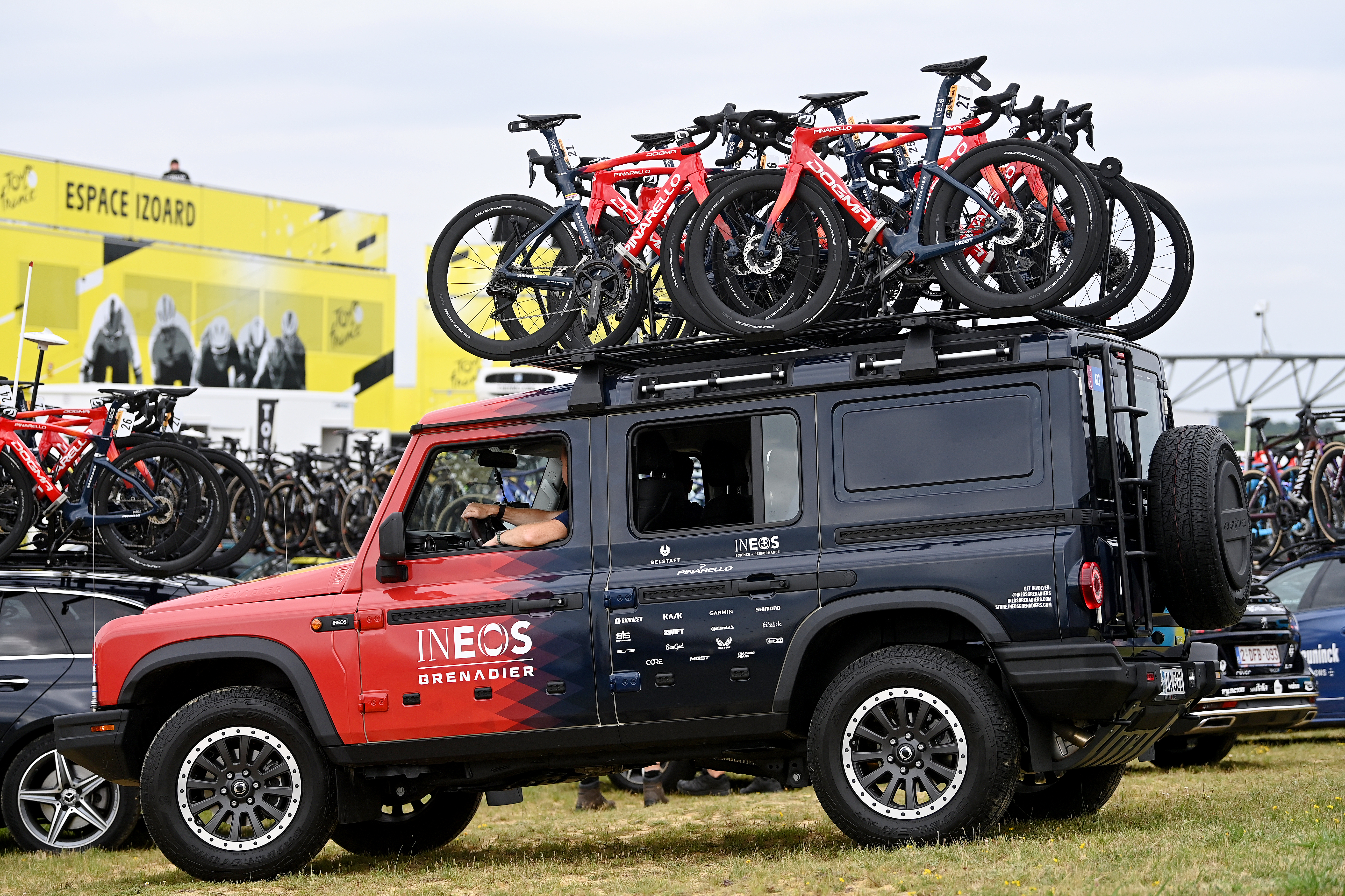 NOGARO, FRANCE - JULY 04: Grenadiers car of Team INEOS Grenadiers during the stage four of the 110th Tour de France 2023 a 181.8km stage from Dax to Nogaro / #UCIWT / on July 04, 2023 in Nogaro, France. (Photo by Tim de Waele/Getty Images)
