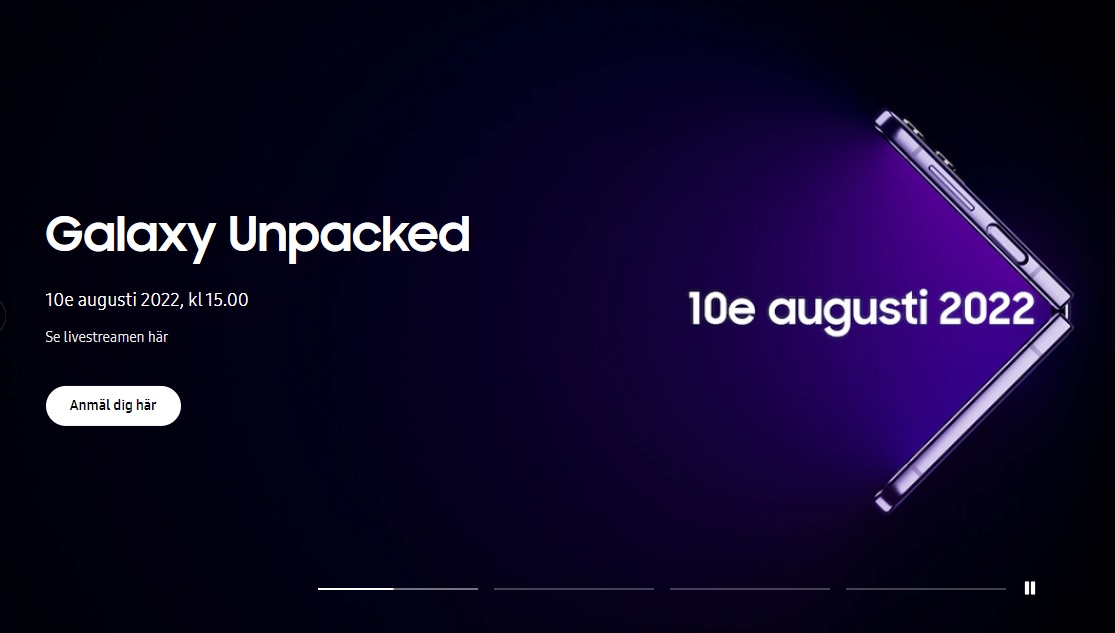 Teaserbilden för Samsung Unpacked 2022 som visar datum och tid för lanseringen.