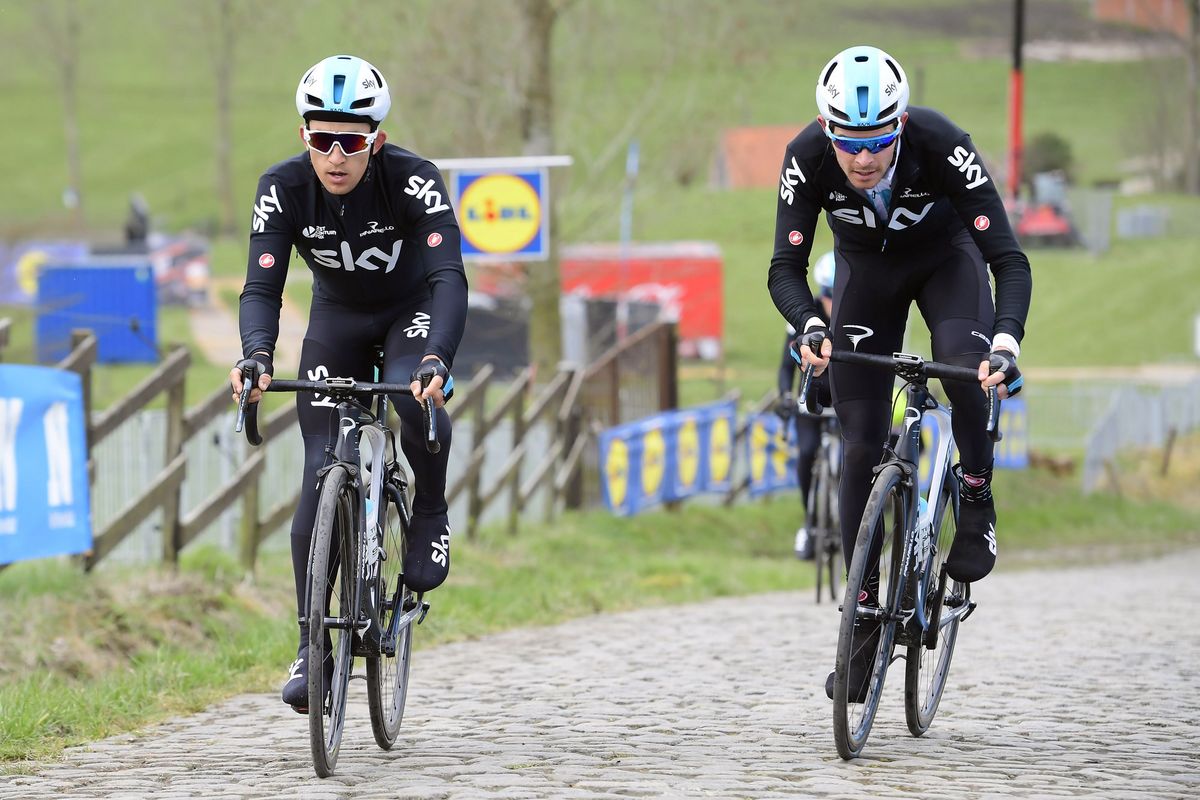 Michal Kwiatkowski and Luke Rowe test the cobbles on the Paterberg