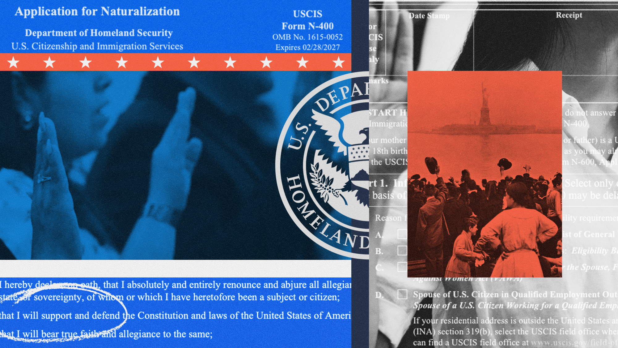 Photo composite illustration of immigrants taking a naturalization ceremony, Ellis Island, immigration forms and DHS logo