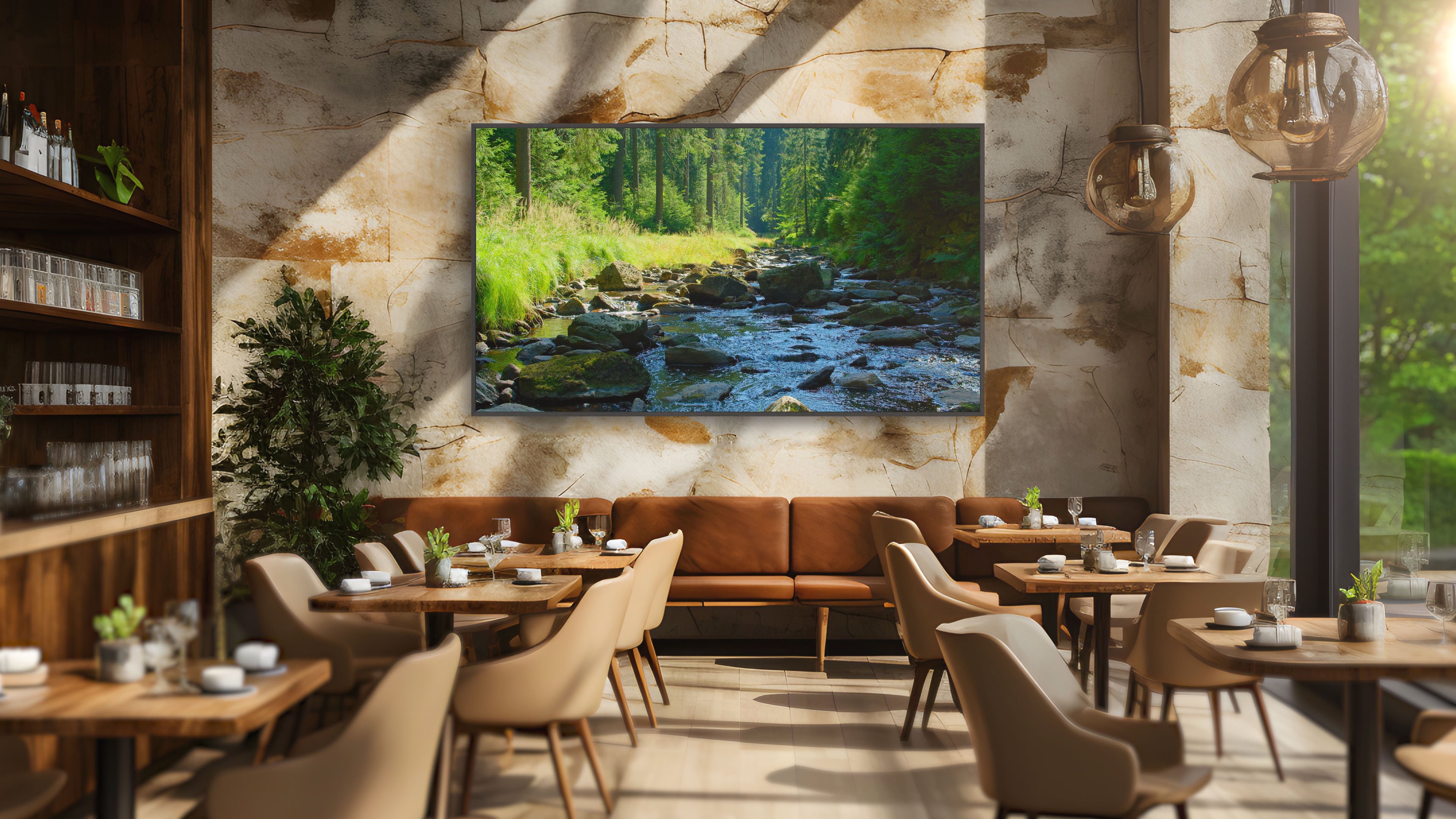 The Sony 98-inch, BZ53L professional Bravia display on the back wall of an empty cafe. 