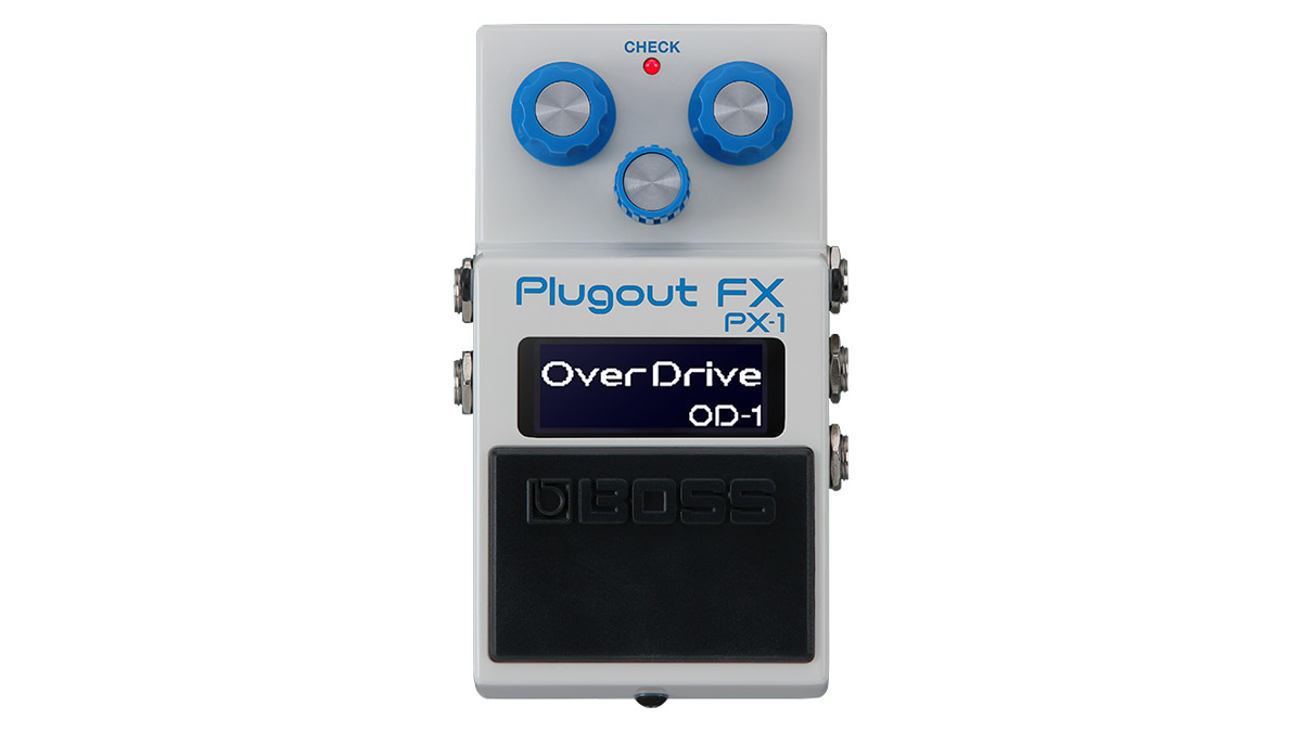 The Boss PX-1 Plugout FX is a white compact series Boss pedal with three blue dials with silver inserts, and has eight assignable presets so that it can be any one of 16 classic pedals.