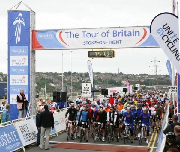Riders take their places at the start line for the 145km ride.