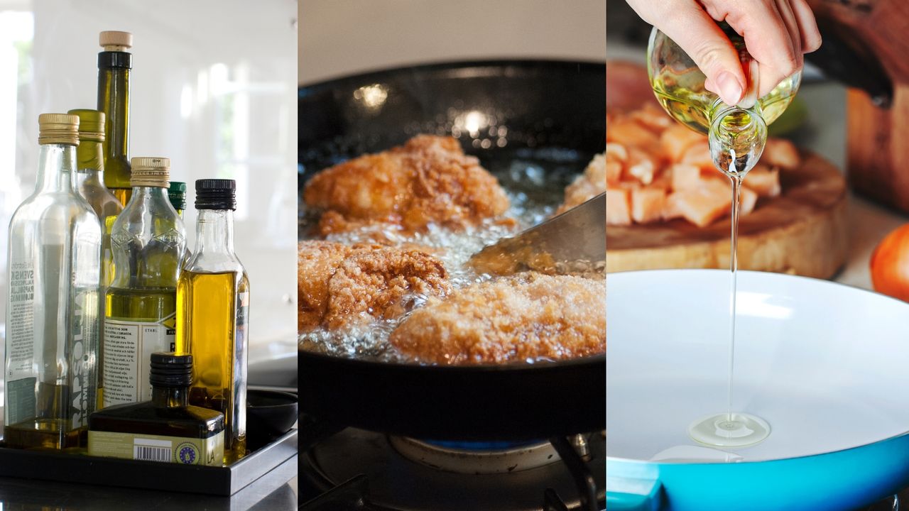 Cooking oils on a kitchen countertop, oil being poured into a pan, and chicken being fried in cooking fat