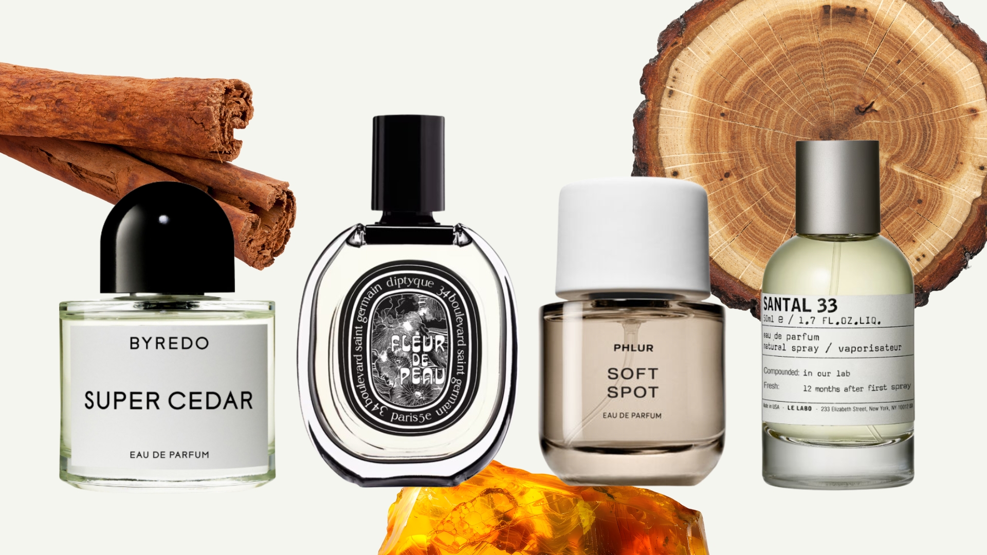 A collage of some of the best musk perfumes featured in this round up, including Byredo's Super Cedar, Diptyque's Fleur de Peau, PHLUR's Soft Spot and Le Labo's Santal 33 perfumes, pictured on a cream template with images of cinnamon sticks, amber and wood.