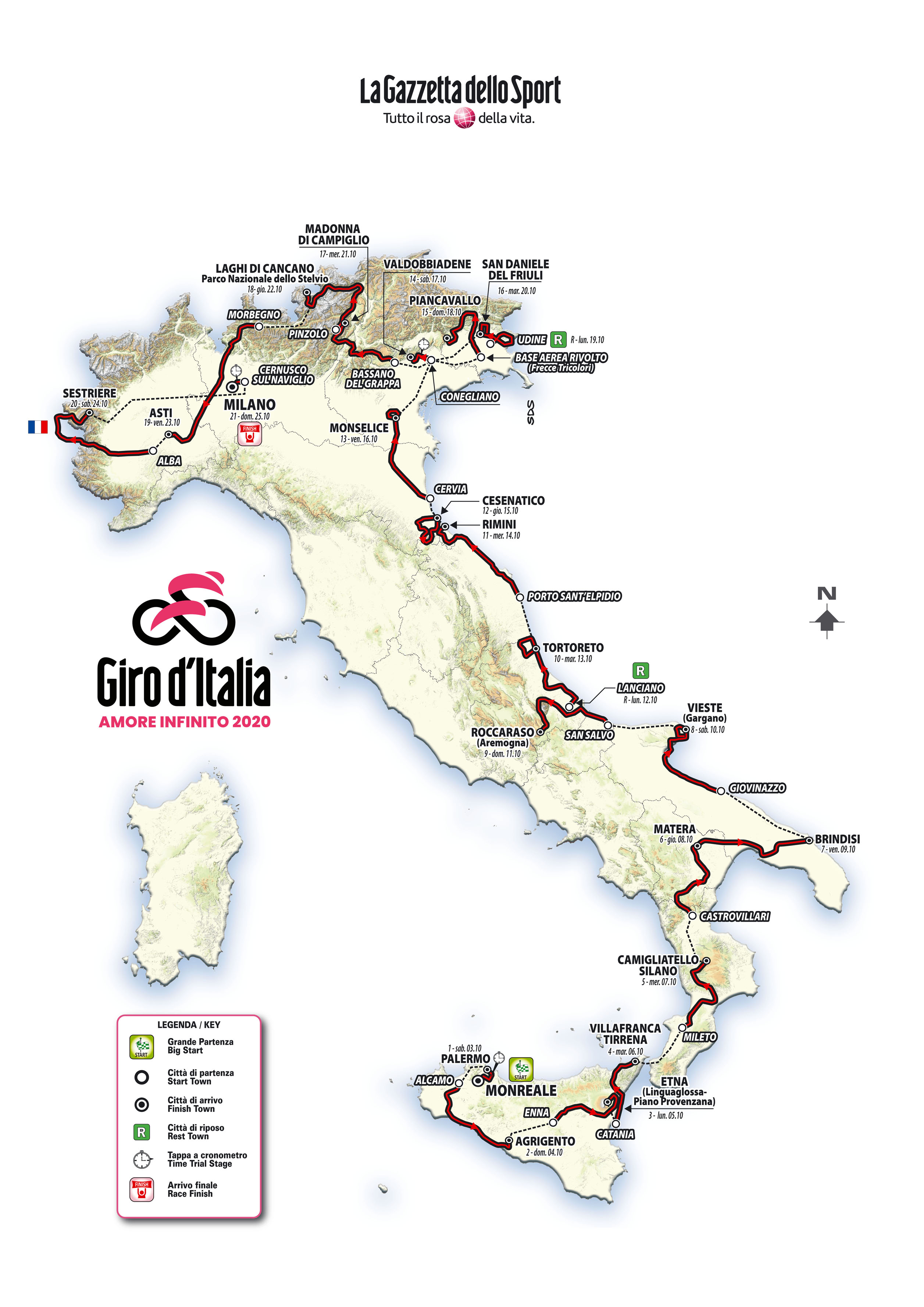 The map of the 2020 Giro d'Italia