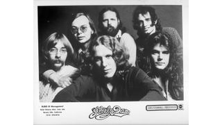 Jeff 'Skunk' Baxter, Walter Becker, David Palmer, Denny Dias, Donald Fagen and Jim Hodder of the rock band 'Steely Dan' pose for a portrait in 1972.
