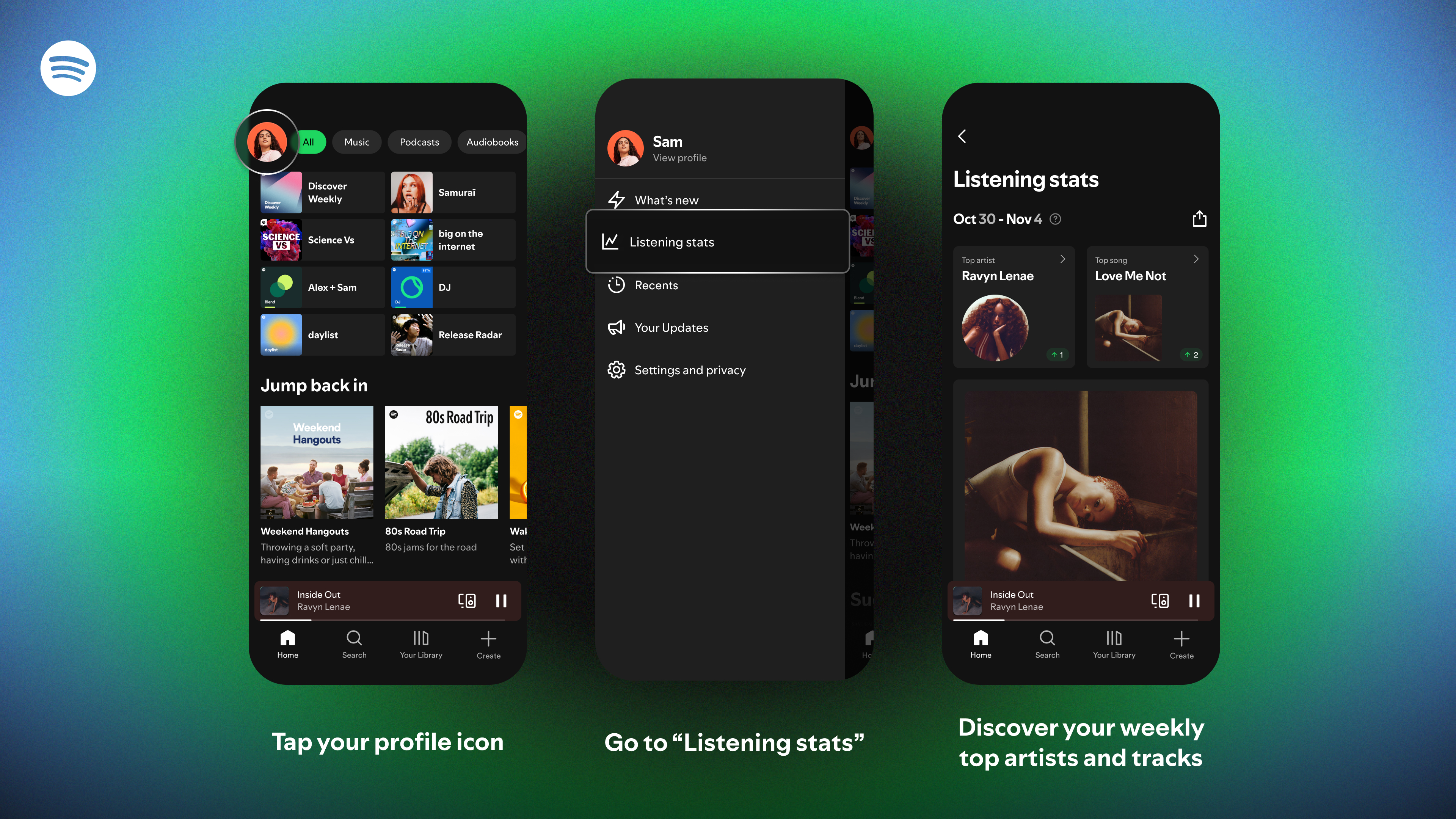 Three phone screens showing how to access Spotify&#039;s new listening stats tab in the mobile app