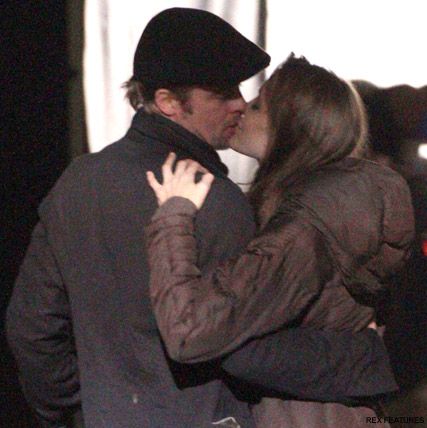 Brad Pitt Angelina Jolie- PICS! Brad and Angelina snuggle up on set - Celebrity News - Marie Claire