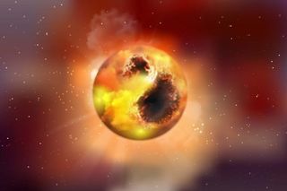 An artist’s impression of the red supergiant Betelgeuse covered by large starspots, which reduce its brightness.