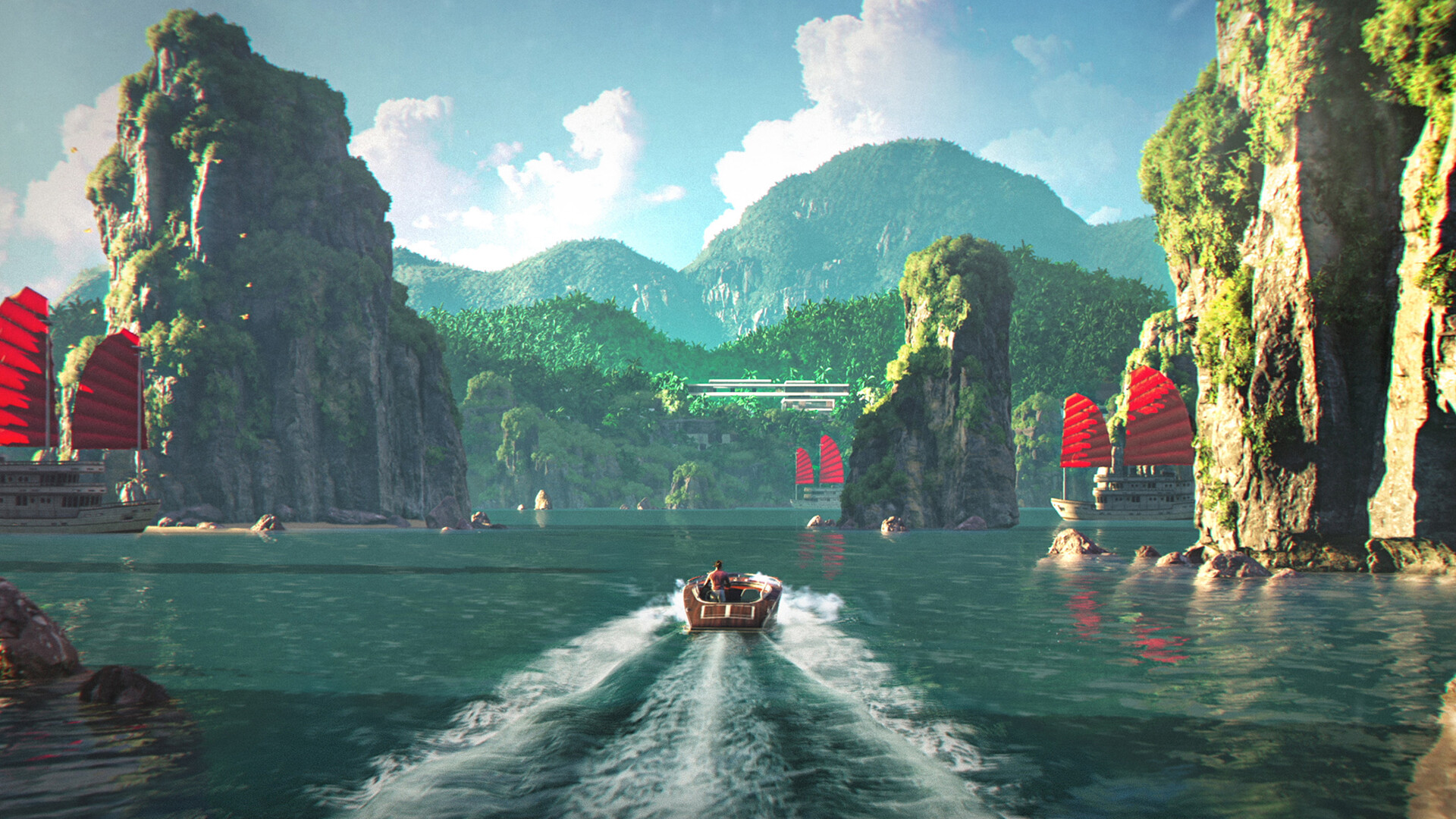 A speedboat jets through a stunning lake in 007 First Light