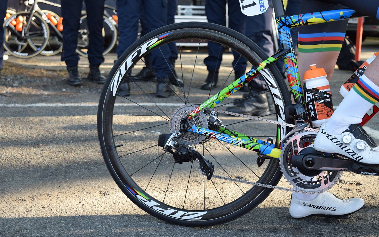 Van der Breggen's Zipp wheels also get the rainbow treatment