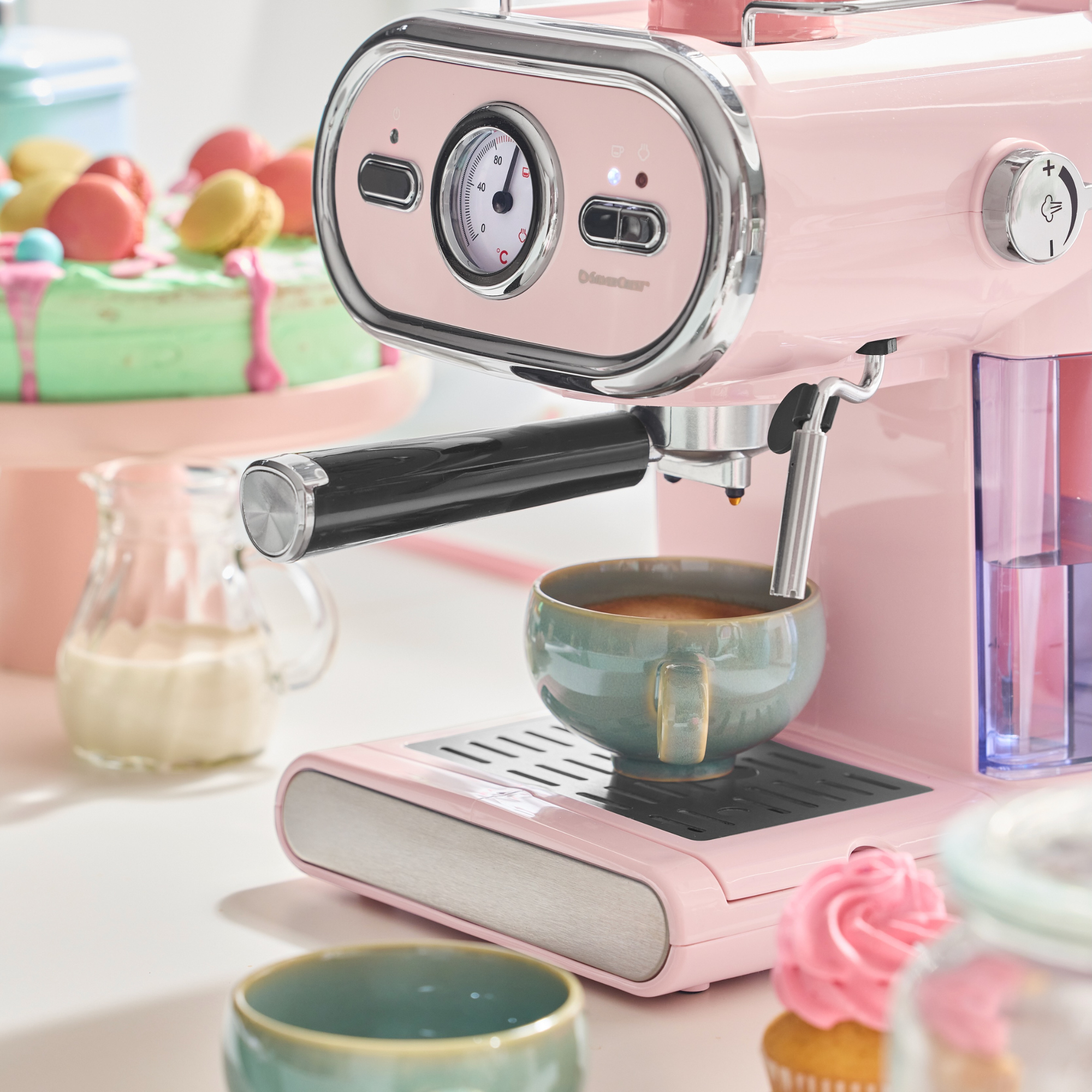 close-up of pink Lidl espresso machine.