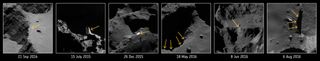 Views of Comet 67P's Aswan cliff collapsing. Arrows show the fracture, exposed water ice and the new cliff top.
