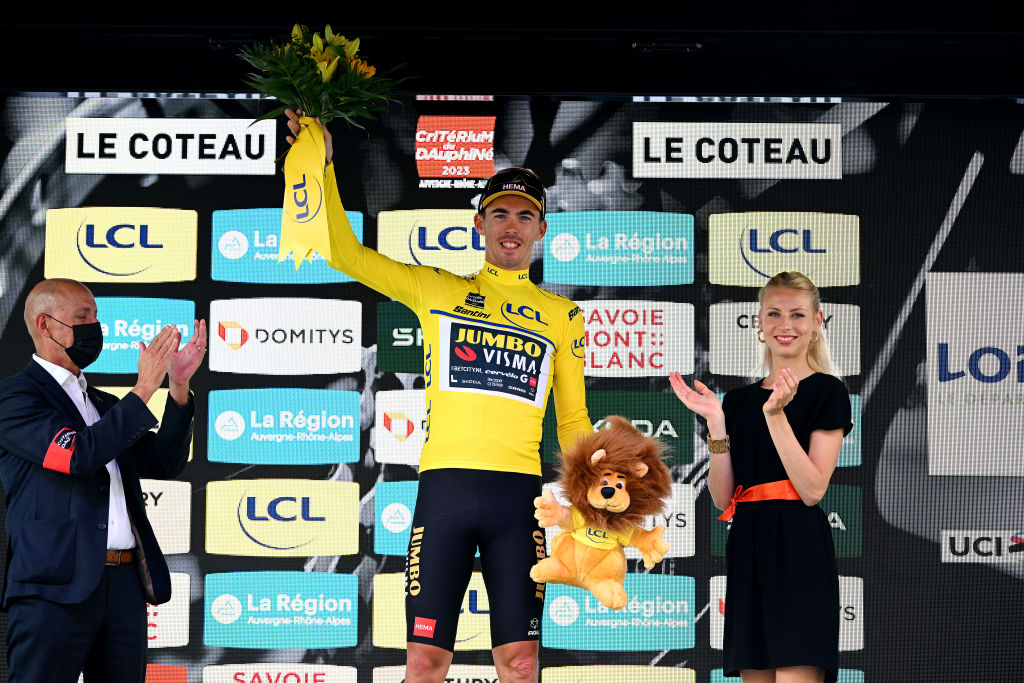 Criterium du Dauphine race leader Christophe Laporte celebrates after winning stage 3