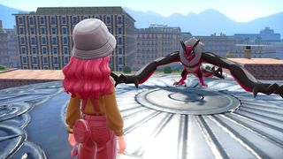 A pink-haired trainer faces Yveltal in Pokemon Legends: Z-A.