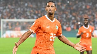 Sebastien Haller celebrates scoring his team's first goal during the Africa Cup of Nations (CAN) 2024 semi-final football match between Ivory Coast and Democratic Repuplic of Congo at Alassane Ouattara Olympic Stadium in Ebimpe, Abidjan on February 7, 2024. 