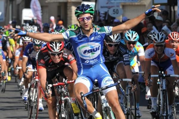 J&eacute;r&eacute;mie Galland (Saur - Sojasun) celebrates his victory in the Tour du Limousin's first stage.