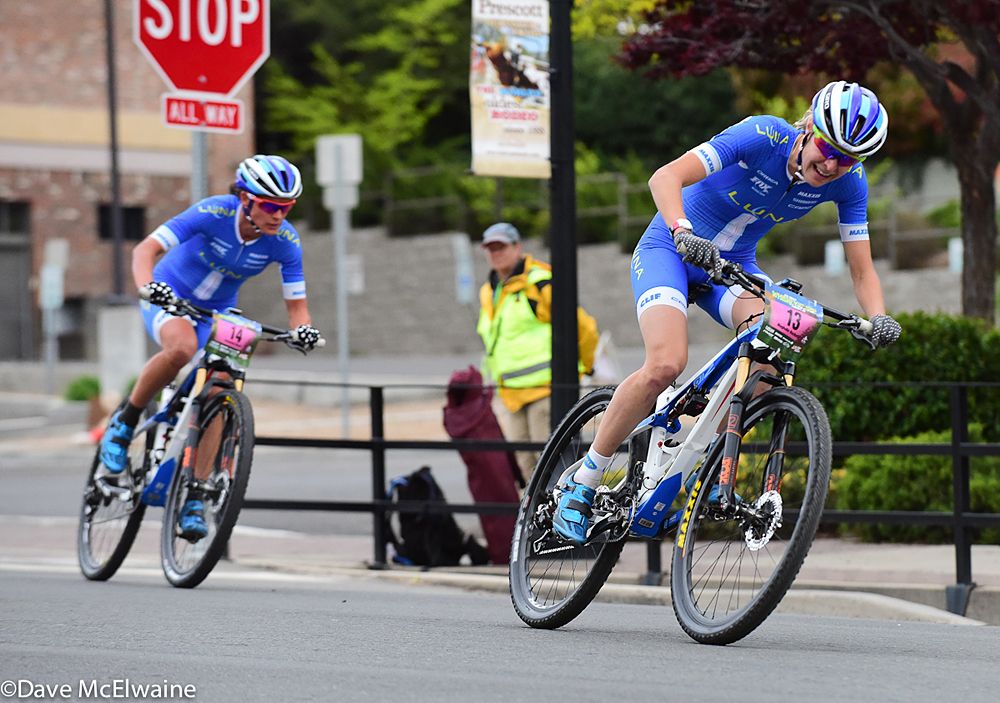 Maghalie Rochette (Luna Pro Team) riding in third place with two laps to go