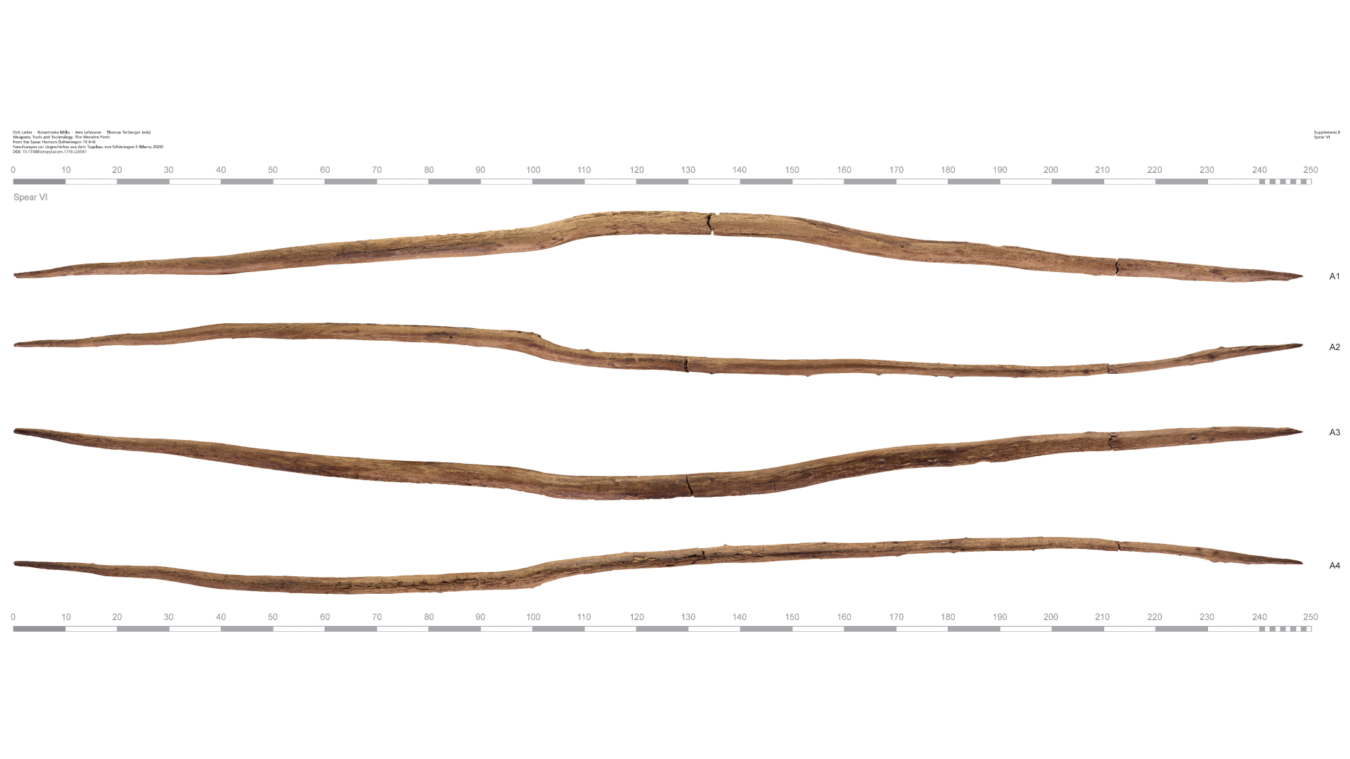 a series of four images of a wooden spear against a white background