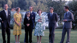 Prince Philip, Duke of Edinburgh, Princess Anne, Princess Royal, Mark Phillips, Prince Edward, Earl of Wessex, Queen Elizabeth ll, Prince Andrew and Prince Charles, Prince of Wales pose together during the Olympic Games in July 1976 in Bromont, Canada