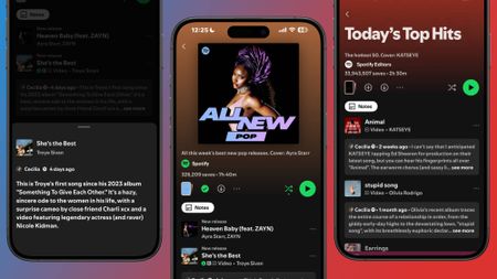 Three smartphones showing Playlist Notes in Spotify