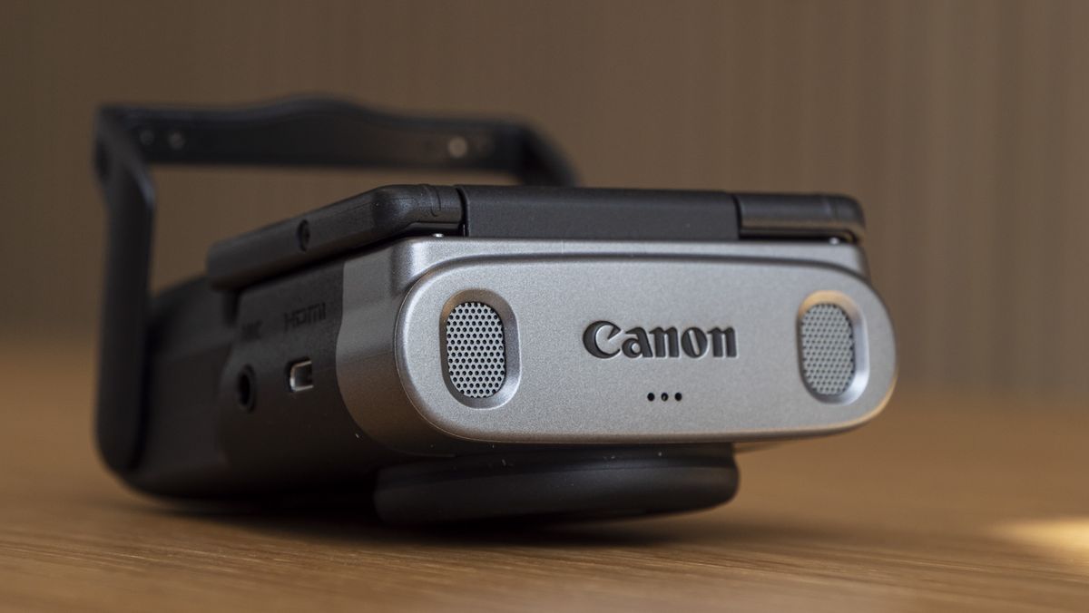 Canon Powershot V10 on a table closeup of stereo mics