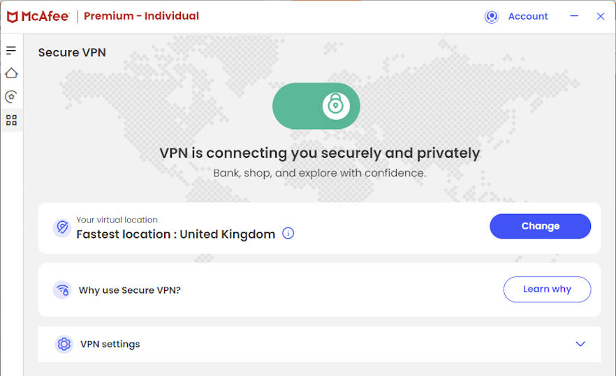 McAfee+ Premium VPN connected.