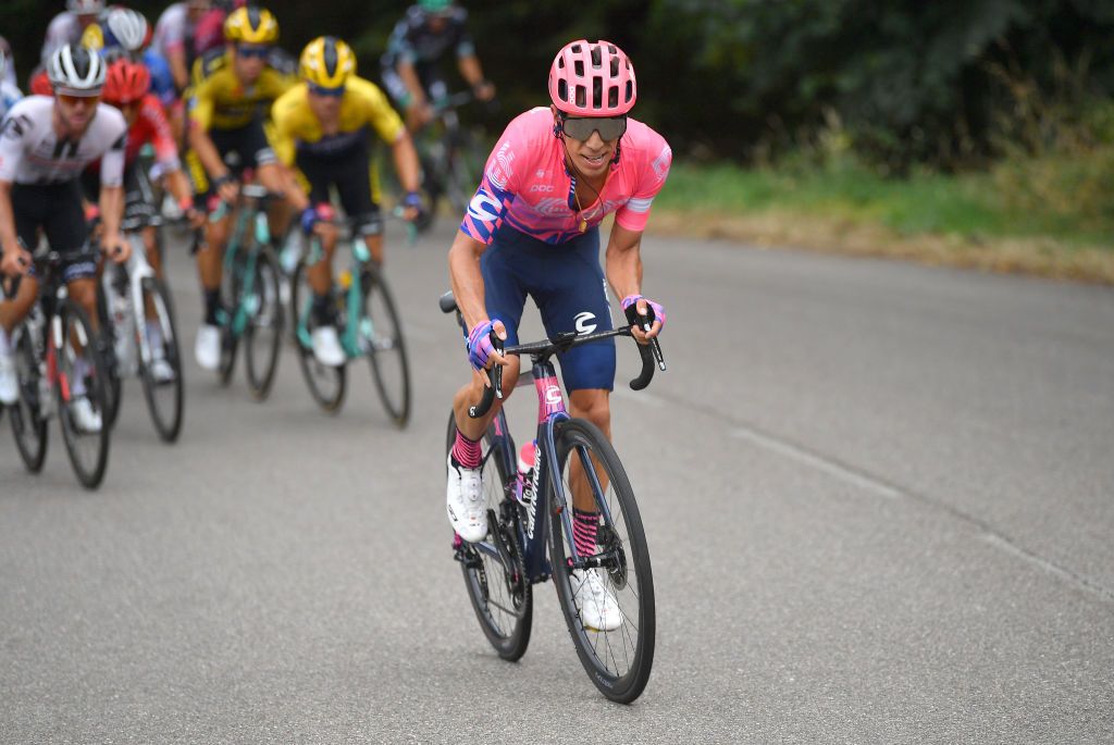 SAINT CHRISTO EN JAREZ FRANCE AUGUST 12 Rigoberto Uran of Colombia and Team EF Education First Attack during the 72nd Criterium du Dauphine 2020 Stage 1 a 2185km stage from Clermont Ferrand to Saint Christo en Jarez 752m dauphine Dauphin on August 12 2020 in Saint Christo en Jarez France Photo by Justin SetterfieldGetty Images