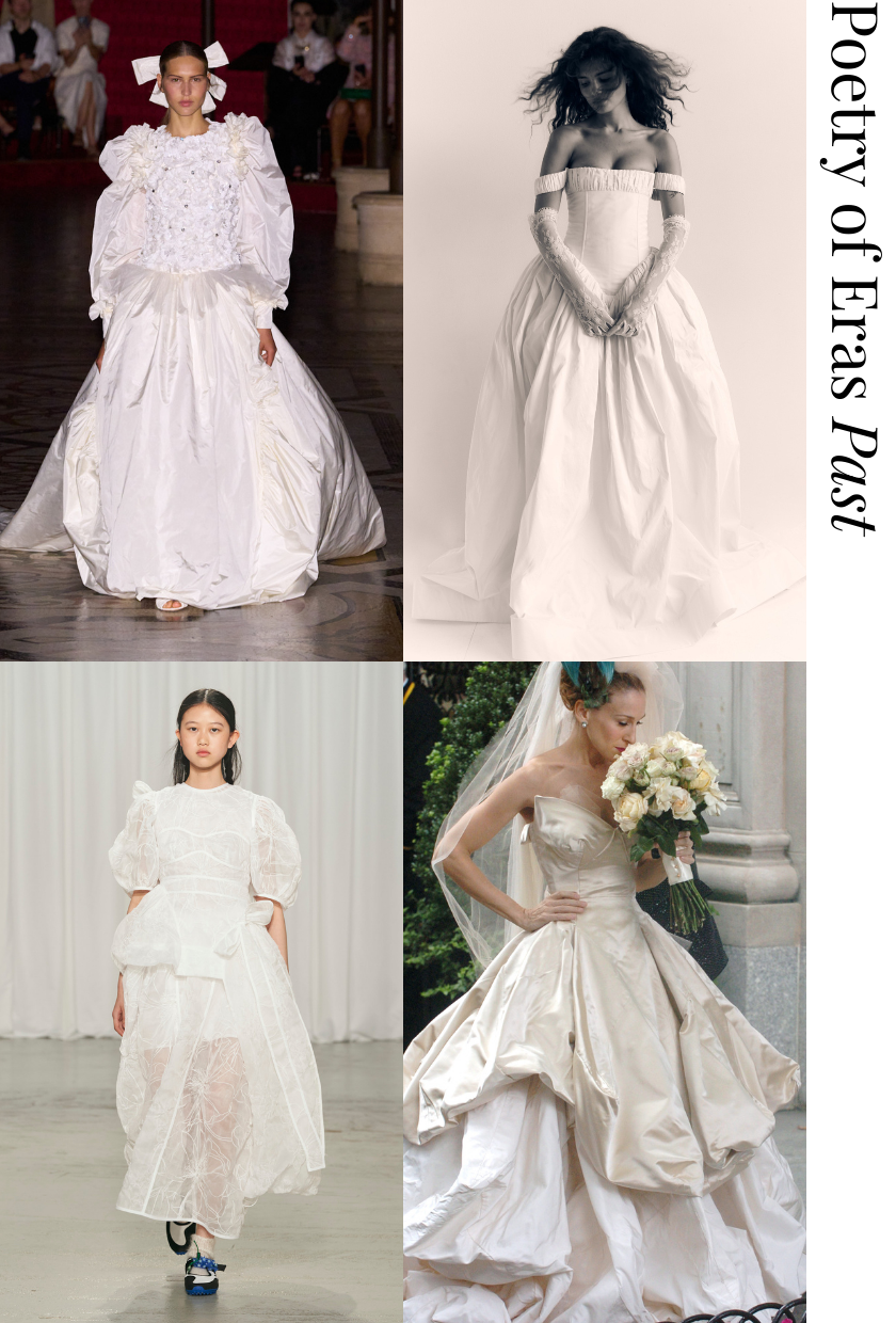 A collage showcasing the sheer impact wedding dress trend.