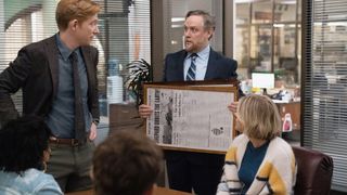 L-R: Mare (Chelsea Frei), Nicole (Ramona Young), Detrick (Melvin Gregg), Adelola (Gbemisola Ikumelo), Adam (Alex Edelman), Travis (Eric Rahill) and Oscar (Oscar Nunez) in a scene from Peacock's "The Paper"