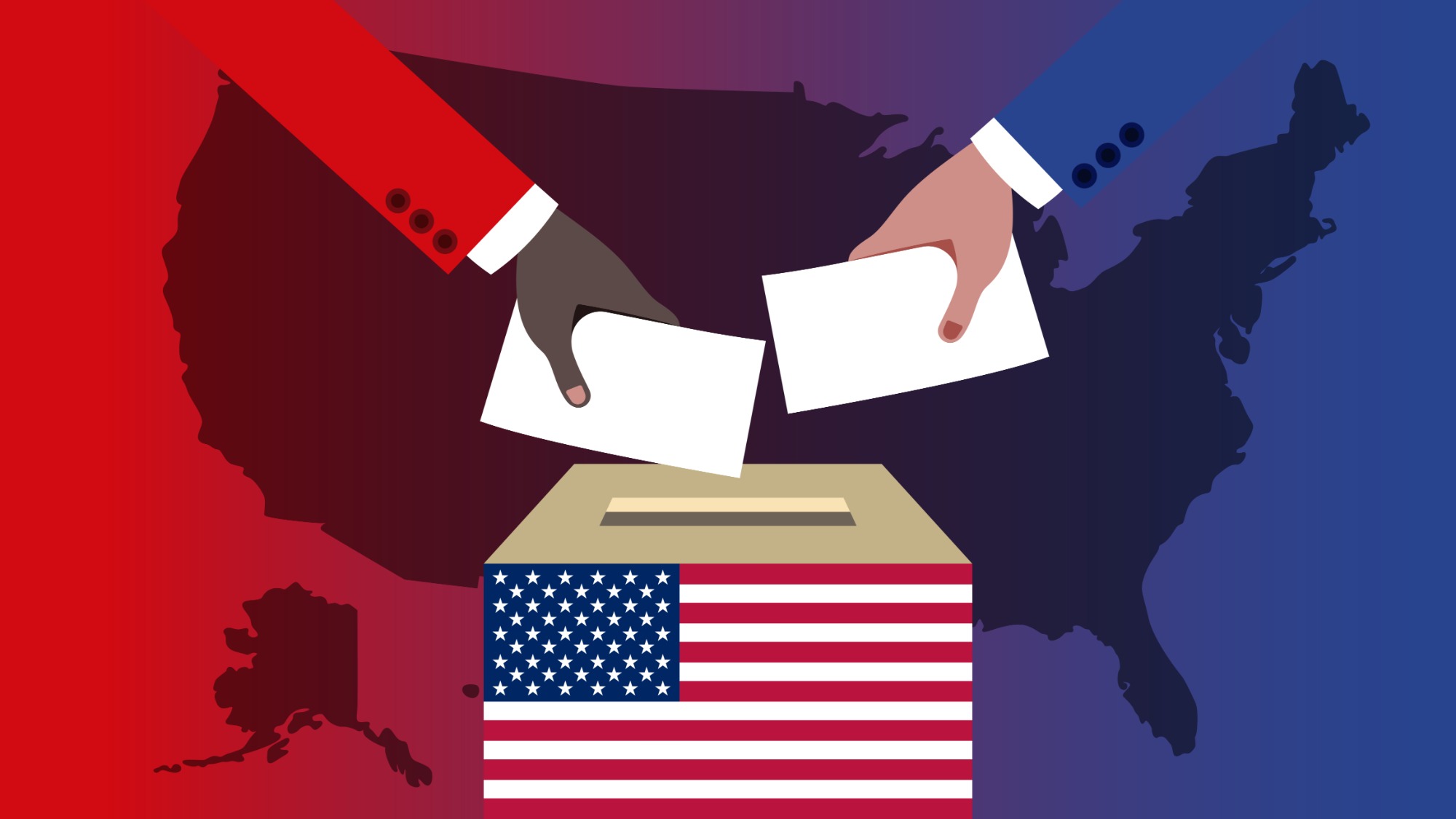 Illustration of two arms, one wearing blue and one wearing red, putting their votes into a ballot box decorated with the American flag. Map of USA in the background.