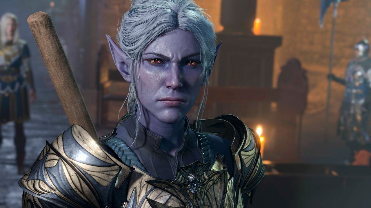 Baldur's Gate 3 &mdash; A close-up screenshot of a Drow character in Baldur's Gate 3.