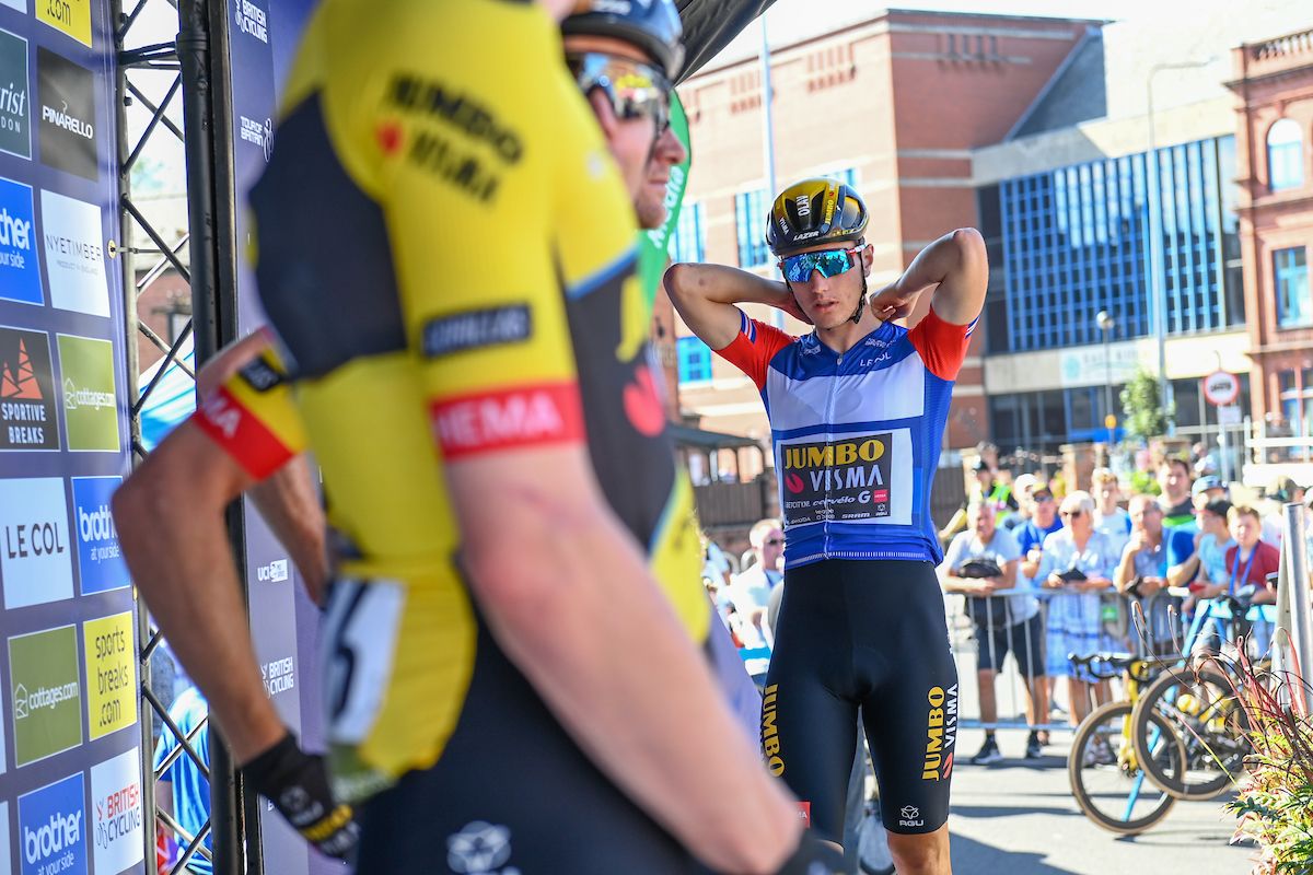 Picture by Simon Wilkinson/SWpix.com - 03/09/2023 - Cycling - 2023 Tour of Britain - Stage 3: Google to Beverley (154.7km) - Olav Kooij of Team Jumbo Visma (Wearing the Leaders Jersey) before the start of Stage 3 of the 2023 Tour of Britain in Goole
