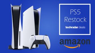PS5 on blue background next to Amazon logo