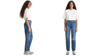 model wearing mid wash blue Levi's 80's Mom Jeans