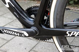 The hugely reinforced bottom bracket area of the Specialized S-Works Tarmac SL4