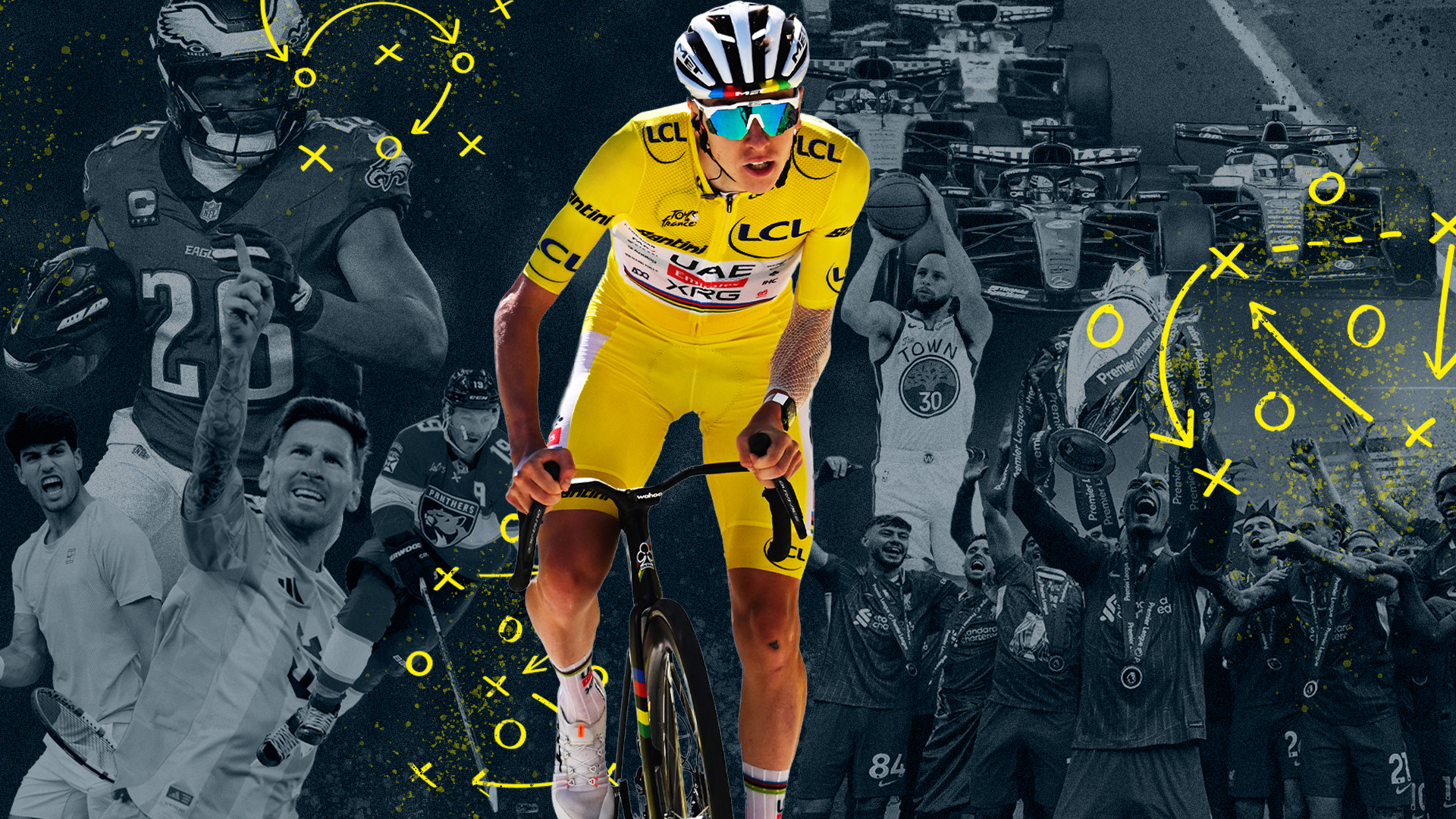 Tadej Pogačar surrounded by sports stars from soccer, american football, tennis, F1, ice hockey and basketball 