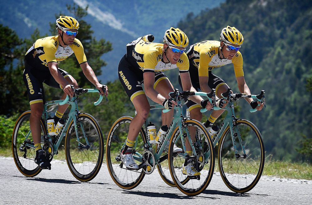 LottoNL-Jumbo riders on the descent.