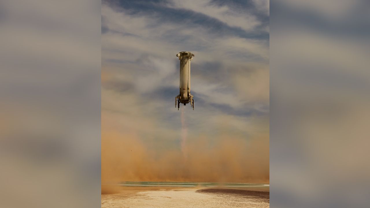 The New Shepard booster is shown here as it landed after New Shepard&rsquo;s successful mission to space, the 15th launch of the vehicle that took place on . April 14, 2021.