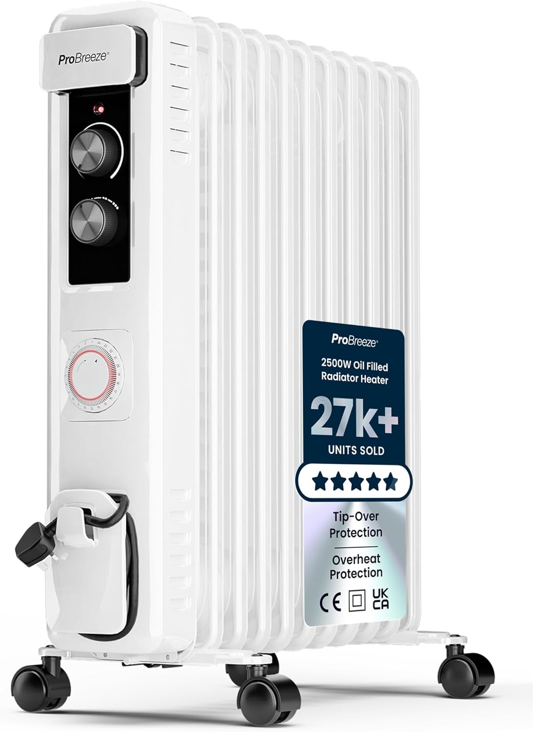 Pro Breeze Oil Filled Radiator With 11 Fins - Slim Electric Radiator - Portable Oil Heater With Built-In 24 Hour Timer, 3 Heat Settings, Adjustable Thermostat (white)
