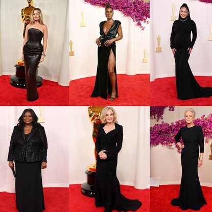 A collage of the fashion trends on the Oscars 2024 red carpet