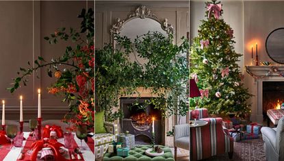 Christmas decor ideas, red, white and green christmas tablescape, christmas fireplace with large bunches of foliage, christmas tree in living room.
